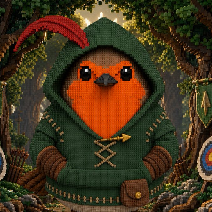A pixelated/voxel-style 3D rendering depicts a robin wearing a green hooded tunic with a red feather accent, an arrow clasp, and a small pouch, set within a forest background featuring archery targets. The image directly matches the post about "NFTs on Rob in hood," portraying an anthropomorphic robin character dressed as a forest archer/hunter archetype commonly seen in hooded NFT collections.