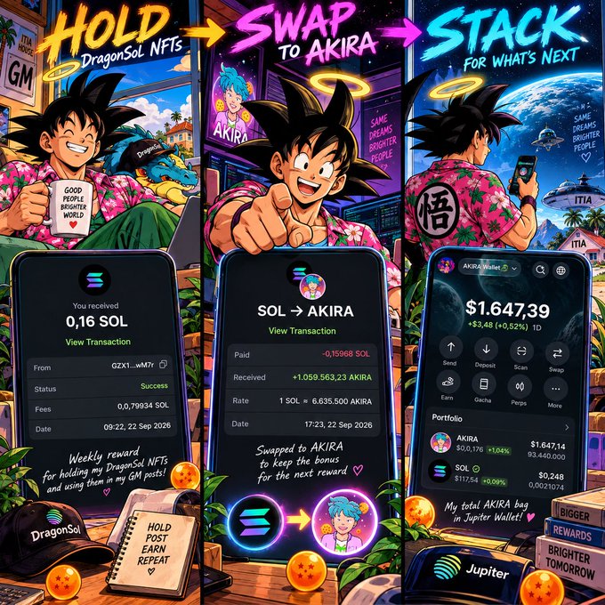A three-panel digital illustration promoting a crypto journey titled 'HOLD - SWAP TO AKIRA - STACK FOR WHATS NEXT,' featuring DragonBall-style characters and mobile app screenshots showing transactions with SOL and AKIRA tokens.