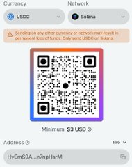 A cryptocurrency payment QR code interface showing USDC on Solana network with a $3 USD minimum and an address starting with 'HVEmS8A...n7HpHsrM'.
