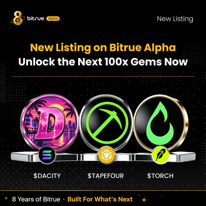 A promotional graphic announcing the new listing of $DACITY, $TAPEFOUR, and $TORCH on Bitrue Alpha, featuring their logos and a tagline encouraging users to "Unlock the Next 100x Gems Now."