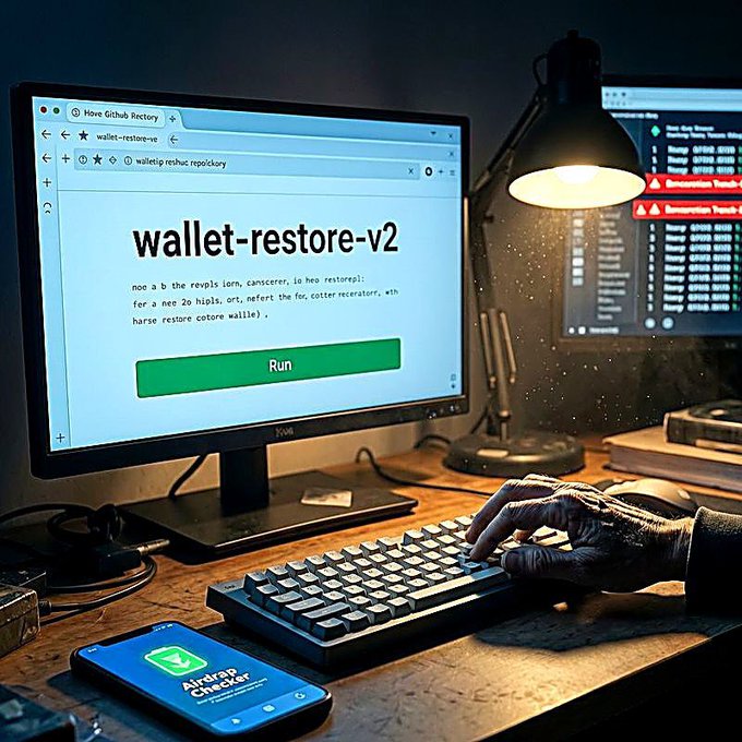A person's hands type at a keyboard in a dimly lit workspace with a monitor displaying 'wallet-restore-v2' with a green Run button, alongside a smartphone showing an 'Airdrop Checker' app.