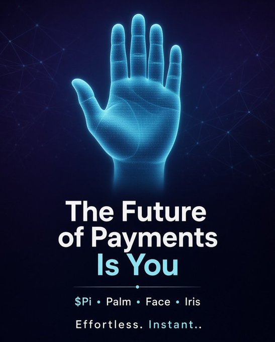 A digital blue hand with palm recognition lines is shown against a dark background, accompanied by the text "The Future of Payments Is You" along with "$Pi • Palm • Face • Iris" and "Effortless. Instant.." The image visually reinforces the post's message about Pi ($Pi) pioneering biometric (palm, face, and iris) authentication as a seamless, science-fiction-like alternative to traditional payment methods like cards or phones.
