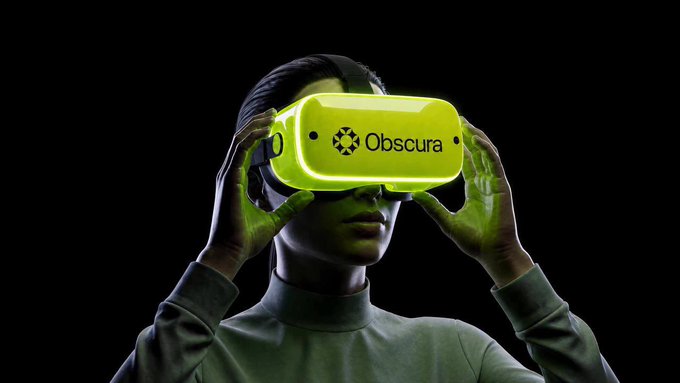 A person wearing a glowing green VR-style headset branded "Obscura" against a black background, visually representing the immersive, privacy-focused trading experience promoted by @ObscuraCEX. The headset's futuristic aesthetic reinforces the post's emphasis on innovative "dark-pool execution" and non-custodial tokenized stock swaps for the $OBS token (0xfe242d1da8fd04f6a1f80b6d3d807b02e062ad4e).
