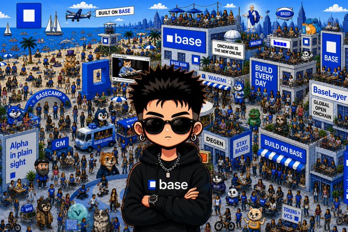 A vibrant anime-style illustration of a sunglasses-wearing character in a 'base' hoodie, surrounded by a bustling Base-themed community scene with various signs reading 'BUILD ON BASE', 'BASECAMP', 'GM', 'WAGMI', and 'DEGEN'.