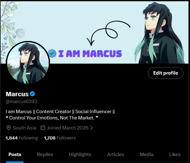 The image shows a Twitter post by Mahraj Islam, who has tagged herself as @Mahraj Islam. The post includes a photo of a girl with long hair wearing a black outfit. The caption reads "I am Marcus", indicating that she is the creator of this account. She shares her thoughts on Crypto and the market, stating that she learns something new every day about it and tries to share what she finds interesting with others.