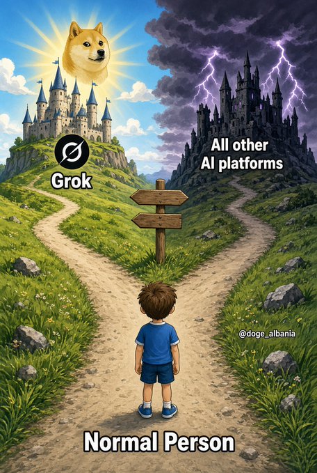 An illustrated meme showing a child labeled 'Normal Person' standing at a crossroads, with a bright castle labeled 'Grok' featuring a doge sun on one side and a dark, stormy castle labeled 'All other AI platforms' on the other.
