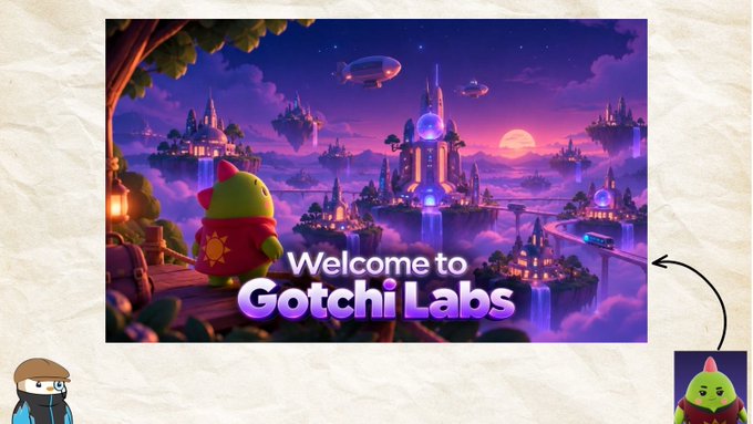 A colorful digital illustration showing a fantasy cityscape at night with the text "Welcome to Gotchi Labs" and a green character wearing a red cape with a sun emblem in the foreground.