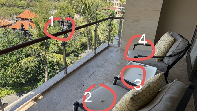 A balcony view features four numbered red circles highlighting spots: #1 on the railing, #2 on a cushion, #3 on a table, and #4 on a chair armrest.