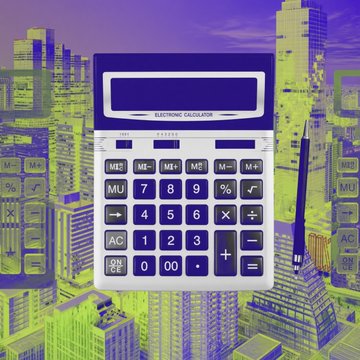 A vintage-style electronic calculator floats against a neon, stylized cityscape background in purple and green hues, with a pen resting beside it. The image visually echoes the article's theme of tax calculations and financial legislation, symbolizing the complex number-crunching behind the Digital Asset Tax Certainty Act's advancement.