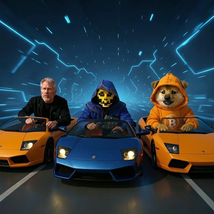 The image features a man and a hooded figure wearing a Bitcoin "B" pixelated mask in the middle, flanked by two orange Lamborghini Murciélagos—one driven by a Shiba Inu dog mascot wearing a hoodie with a "B" Bitcoin logo—set against a futuristic neon-lit highway. The meme ties into the post's mention of $DOG ticker, using the Doge and Bitcoin imagery to symbolize the convergence of meme coins and crypto royalty on the algorithmic highway of trading.

Key visible elements: "B" Bitcoin logo on the orange hoodie and "$DOG" ticker referenced in the post.
