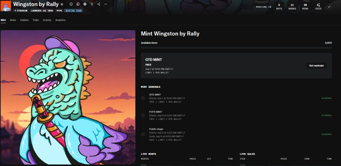 A webpage for "Winston by Rally" NFT mint, showing a turquoise dragon illustration, mint schedule with GTO MINT, FCFS MINT, and Public stages, with 3,000 available.