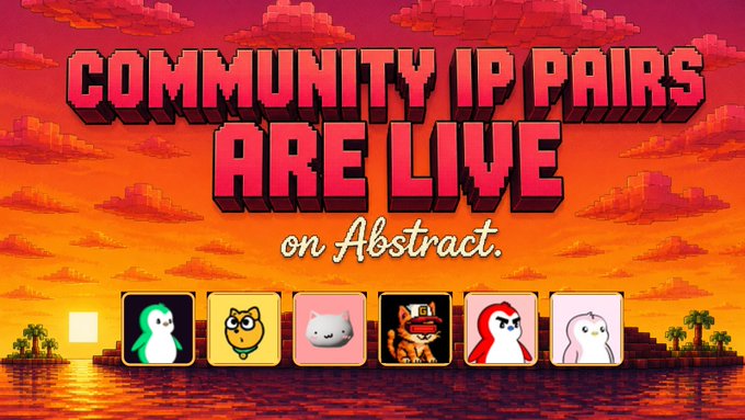 The pixel art graphic announces "COMMUNITY IP PAIRS ARE LIVE on Abstract." against a vibrant sunset backdrop, displaying icons of the featured characters—Abster, God (yellow creature), Cyclops, RETSBA, and two additional IP characters—that can now be paired with community meme coins through @KonaDeFi Launch, illustrating the post's announcement about new token pairing support for these Abstract ecosystem IP partners.