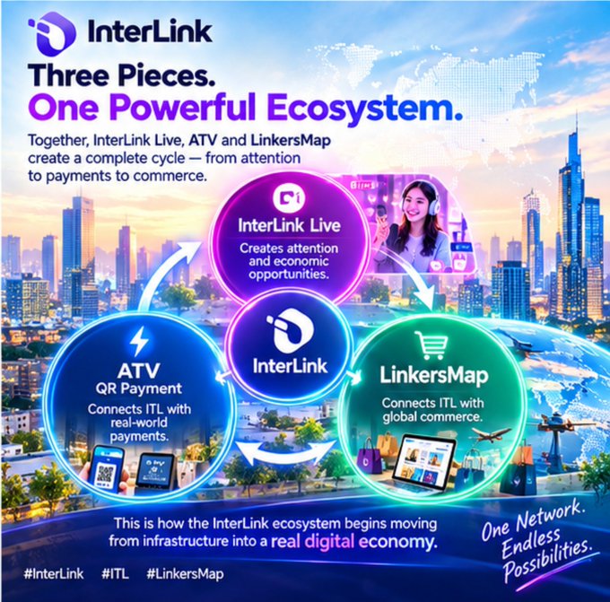 A promotional graphic for 'InterLink - Three Pieces. One Powerful Ecosystem' featuring the InterLink, InterLink Live, and LinkersMap (with ATV for QR Payment) components, tagged with #InterLink #ITL #LinkersMap and the slogan 'One Network. Endless Possibilities.'
