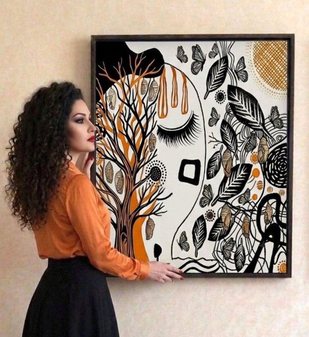 A woman with curly hair stands beside a framed abstract painting depicting a face with flowing orange and black botanical elements, leaves, and butterflies.