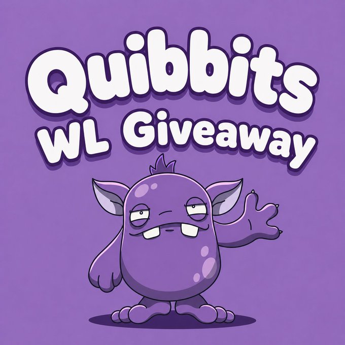 The image features a purple monster with big teeth, standing against a purple background. The monster has its arms raised and appears to be waving at the viewer. Below the monster, there's text that reads "QUIBBITS WL GIVEAWAY You never find a Quibbit. A Quibbit finds you. 10,000 Quibbits have found their way onto Ethereum. Win 3 GTD + 3 FCFS WL Spots! To Enter: Follow @Quibbits_Eth Follow @NorbertF76 Like & Repost this post Drop your EVM wallet address". The monster and the text are positioned in such a way that they draw attention to each other, creating an interesting visual contrast.