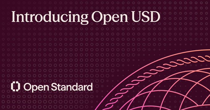 A promotional graphic on a dark purple background with the text "Introducing Open USD" and the "Open Standard" logo, paired with a pink globe illustration. The image announces the launch of the Open USD stablecoin ($OUSD) and its backing by major partners like Visa, Stripe, and BlackRock.