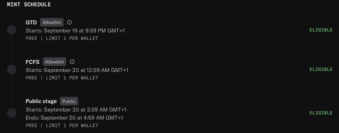 The image shows a "Mint Schedule" for a Consensus Games NFT collection, listing three phases: GTD (Allowlist) starting September 19 at 9:59 PM GMT+1, FCFS (Allowlist) on September 20 at 12:59 AM GMT+1, and Public stage from September 20 at 3:59 AM to 4:59 AM GMT+1, all marked as "FREE | LIMIT 1 PER WALLET" with the user marked as "ELIGIBLE" for all three. This aligns with the post confirming eligibility for the free mint with a total supply of 1111.