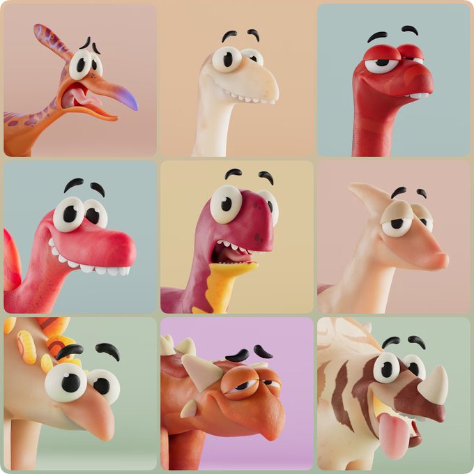 A 3x3 grid of nine cartoonish dinosaur character portraits with exaggerated expressions and colorful pastel backgrounds.
