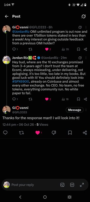 A Twitter/X post exchange between GiOvanni and Jordan Riz about the OMI limited program, discussing promises made 3-4 years ago and referencing SPX6900.