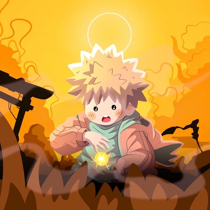 A chibi-style anime character with spiky hair holds a glowing orb, set against a dramatic orange background with a sun halo.