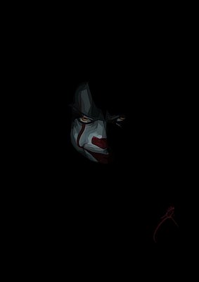 A dark, minimalist image of a pale clown-like face with red lips and blue eyeshadow emerging from a black background.