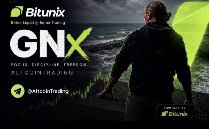 A promotional graphic for 'Bitunix' featuring the text 'GNX', 'FOCUS. DISCIPLINE. FREEDOM.', 'ALTCOINTRADING', and '@AltcoinTrading' with a man looking out at a stormy sea.
