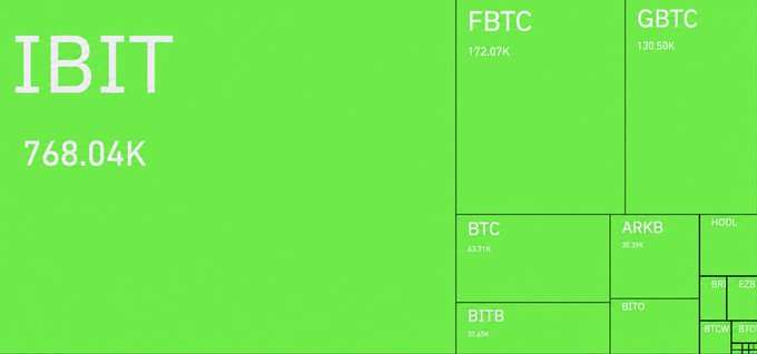 A treemap visualization displays Bitcoin ETF holdings, with IBIT dominating at 768.04K (BTC), followed by FBTC at 172.07K, GBTC at 139.50K, BTC at 33.71K, ARKB at 30.26K, BITB at 27.45K, and BITC rounding out the smaller holdings—illustrating the massive capital inflows into spot Bitcoin ETFs highlighted in the post.
