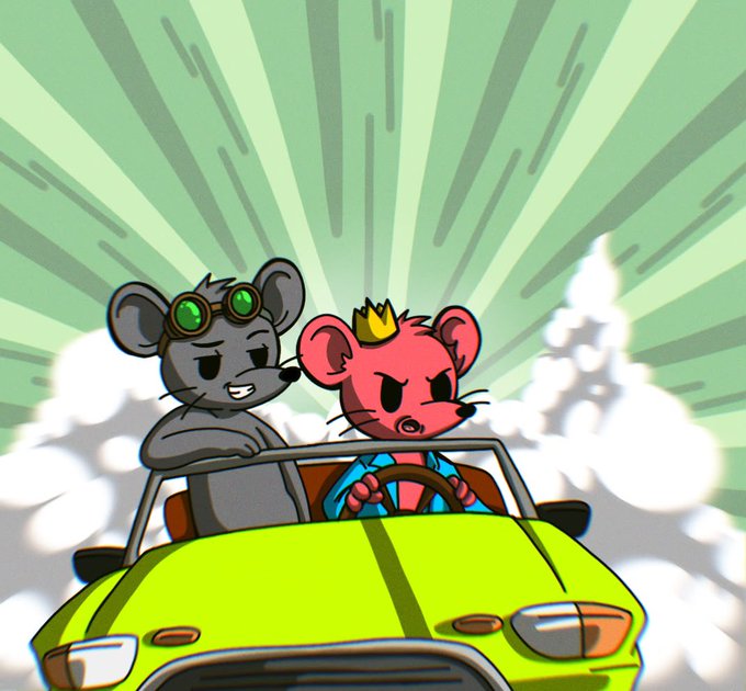 A cartoon illustration of two mice, one gray with green goggles and one pink with a gold crown, driving a green convertible car with a dynamic green and white radial background.