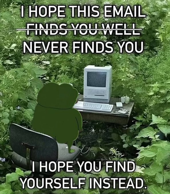 A meme featuring a frog silhouette at a vintage computer in a lush forest, with text reading: 'I HOPE THIS EMAIL FINDS YOU WELL (crossed out) NEVER FINDS YOU' and 'I HOPE YOU FIND YOURSELF INSTEAD.'