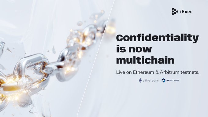 The image shows a chain made of silver metal that has been broken into pieces. The text "Confidentiality is now multichain" is displayed above the broken chain, which suggests that the chain represents a connection between two parties or systems. The image also includes a link to an article about Nox and Arbitrum testnets on @Ethereum + @Arbitrum, indicating that this post might be related to cryptocurrency testing or development.