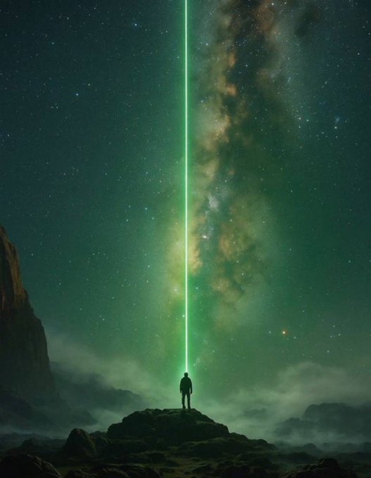 A solitary figure stands on a rocky outcrop beneath a vast starry sky, illuminated by a striking vertical green laser beam descending from the Milky Way. The image evokes the post's "see you at millions" sentiment, symbolizing an aspirational journey toward astronomical success.