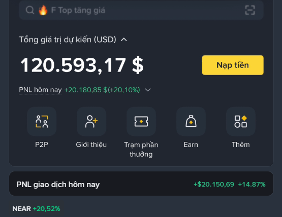 A cryptocurrency portfolio interface displays a total estimated value of $120,593.17 USD, showing today's PNL of +$20,180.85 (+20.10%) and various options like P2P, Earn, and Referrals in Vietnamese.