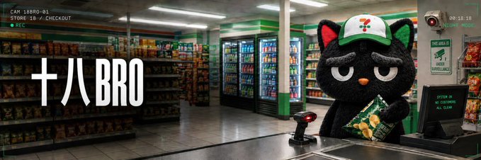 A black cat mascot wearing a green cap works a checkout counter at a convenience store (CAN 18BRO-01, Store 18/Checkout), with the bold text "十八BRO" (meaning "Eighteen BRO") overlaid on the scene. The supermarket setting visually reinforces the post's message of faith and patience, suggesting that holding onto "18bro" will eventually lead to explosive returns for believers.