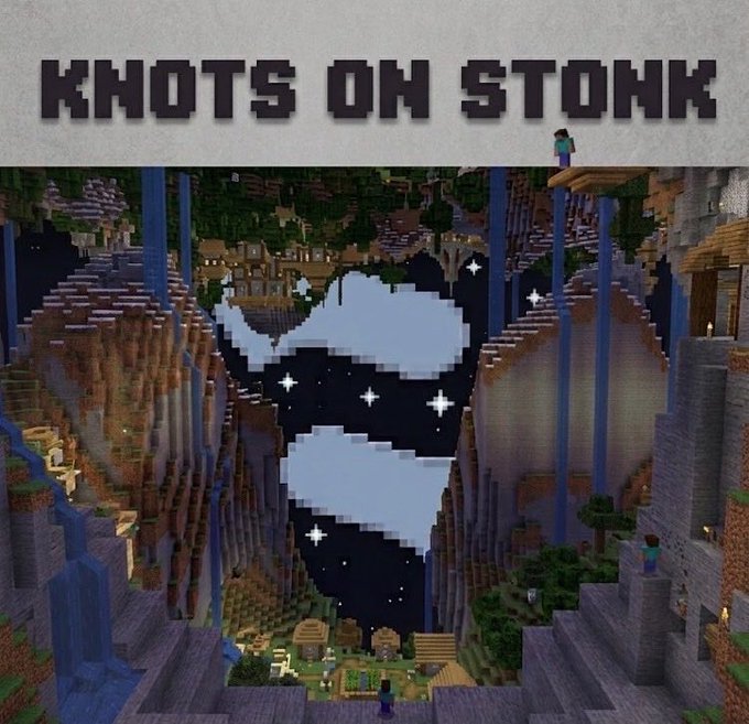 A Minecraft screenshot titled 'KNOTS ON STONK' showing a large landscape with a Batman logo-shaped sky over floating islands.