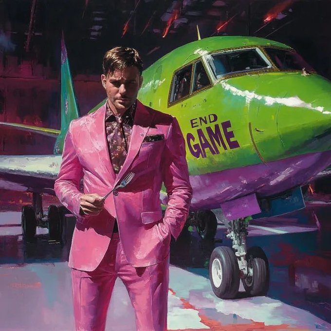 A stylized digital painting of a man in a pink suit holding a fork, standing in front of a green airplane with "END GAME" written on it.