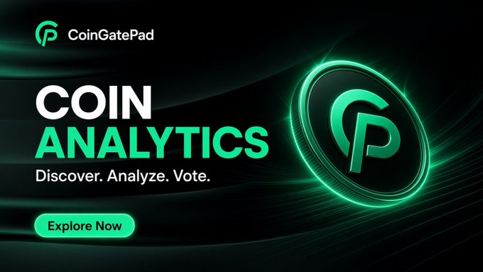 A promotional banner for 'CoinGatePad Coin Analytics' featuring a glowing green CP logo and the tagline 'Discover. Analyze. Vote.'