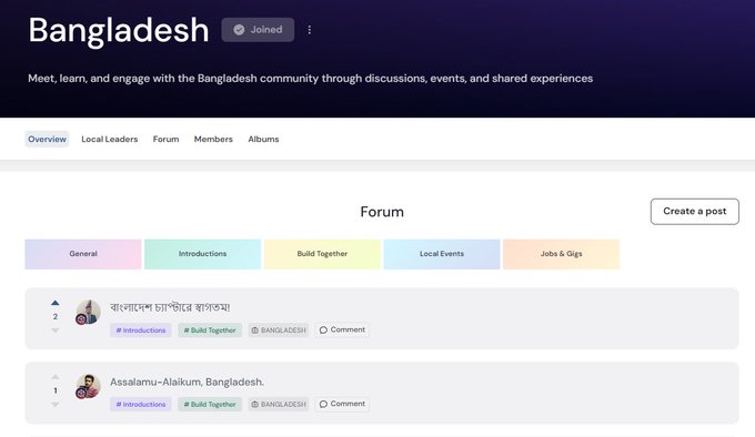A community forum page for 'Bangladesh' featuring sections for General, Introductions, Build Together, Local Events, and Jobs & Gigs, with posts in Bengali and English.