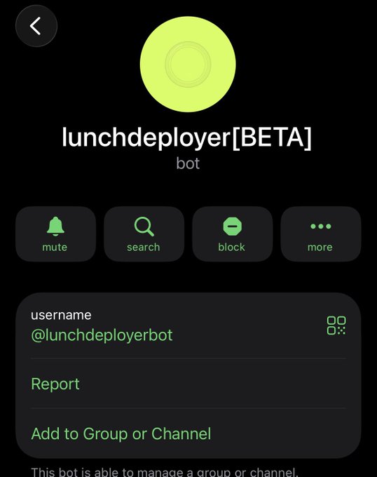 A Telegram bot profile page for 'lunchdeployer[BETA]' with options to mute, search, block, and more, and the username @lunchdeployerbot.