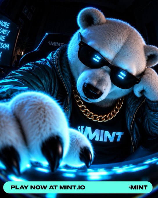 An advertisement features an anthropomorphic bear wearing sunglasses and a gold chain over a 'MINT' shirt, with text reading 'PLAY NOW AT MINT.IO' and 'MINT'.