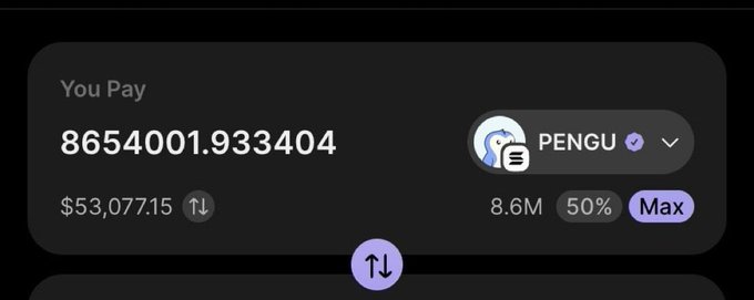 A cryptocurrency swap interface showing a payment of 8654001.933404 PENGU tokens (~$53,077.15), set at 50% with a Max button.