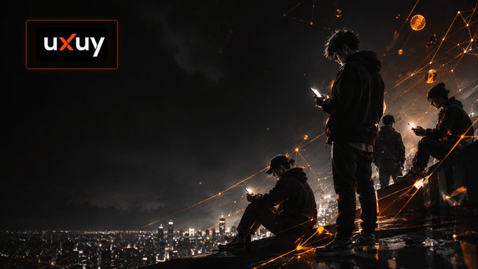The image features the "UXUY" logo alongside silhouettes of figures on a rooftop overlooking a city skyline at night, connected by glowing orange network lines. The scene visually embodies the post's theme of a new generation of traders, symbolizing interconnected, forward-looking individuals rising above the urban landscape.