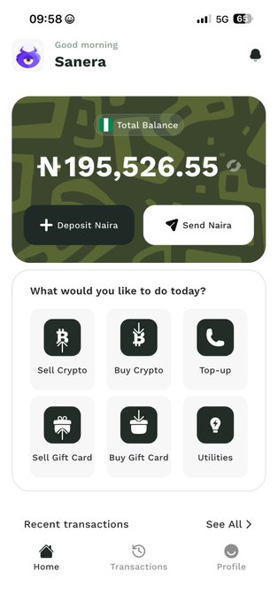 The image shows a mobile app dashboard for "Sanera" displaying a total balance of ₦195,526.55, with options to deposit/send Naira and services like buying/selling crypto and gift cards. It relates to the post as a visual contrast to the frustrations of P2P trading, presenting a streamlined crypto wallet interface as an alternative solution.