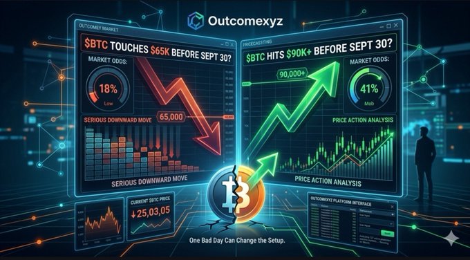 A promotional graphic for 'Outcomexyz' features cryptocurrency market predictions for Bitcoin, displaying odds of 18% for BTC touching $65K and 41% for hitting $90K+ before September 30.