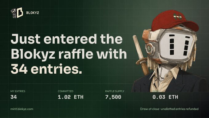 A promotional graphic for Blokyz NFT mint displays "Just entered the Blokyz raffle with 34 entries" with a robotic character wearing a red cap and suit, alongside metrics showing 1.02 ETH committed, 7,500 raffle supply, and 0.03 ETH per entry, matching the post's mention of joining with 34 entries and 1.02 ETH for the Blokyz mint.