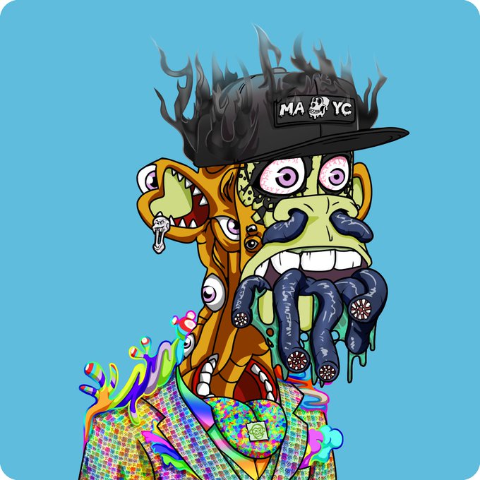 A psychedelic illustration of a Bored Ape-like monkey character wearing a black 'MAYC' cap, featuring multiple eyes, melting tentacles, and a colorful suit.