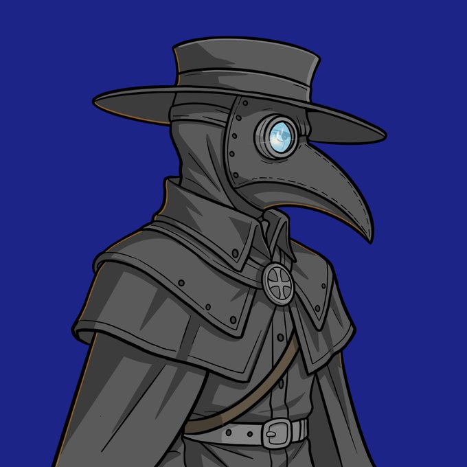 A digital illustration depicts a plague doctor character wearing a wide-brimmed hat, black robes with a cross emblem, and a beaked mask with blue-tinted goggles against a blue background.