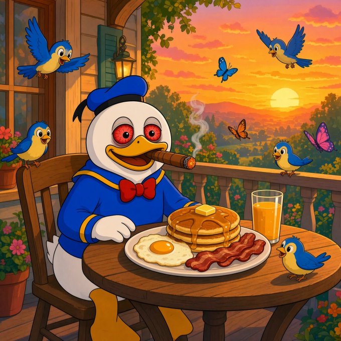 A cartoon illustration of a duck-like character in blue attire smoking a cigar while eating pancakes, eggs, and bacon at a table with blue birds at sunset.