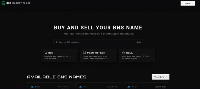 Screenshot of the BNS Marketplace website interface, displaying options to 'BUY AND SELL YOUR BNS NAME' with sections for buying, peer-to-peer trading, and selling.