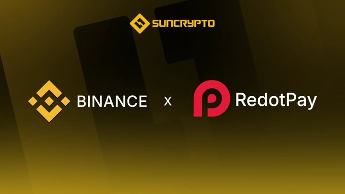 A graphic with a dark gold background featuring the Binance logo, an "x" symbol, and the RedotPay logo, representing the lawsuit mentioned in the post where Binance-linked firms are suing RedotPay's founders for $472.8M over an alleged unauthorized payment scheme. The "SunCrypto" watermark appears at the top of the image.