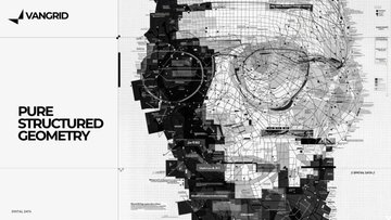 Vangrid graphic design image with the text "PURE STRUCTURED GEOMETRY" next to a complex black and white wireframe illustration of a head.